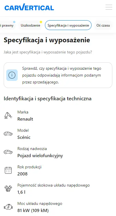 CarVertical report equipment
