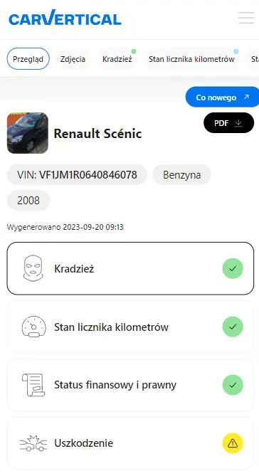 CarVertical report menu and top of the report