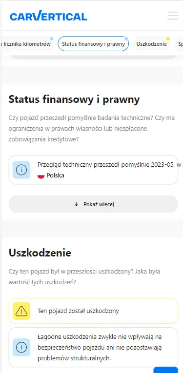 CarVertical report financial and legal status