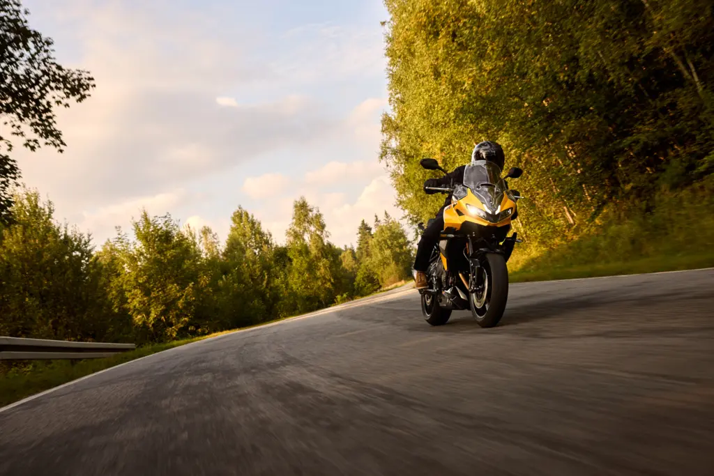 Triumph tiger sport 800 on the curvy road in the forest