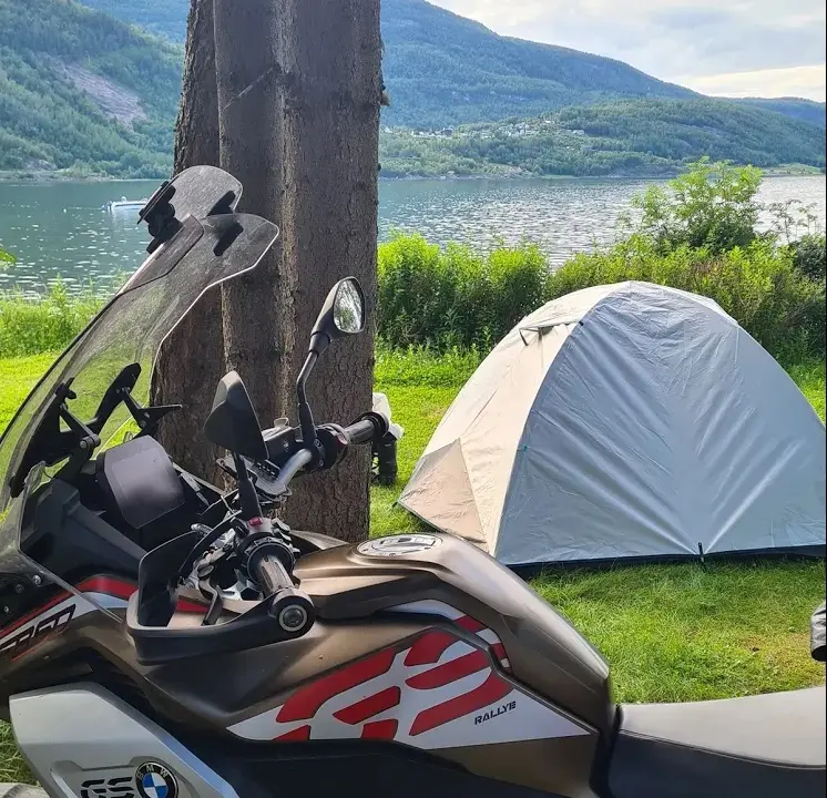Tent and BMW GS during a motorcycle trip