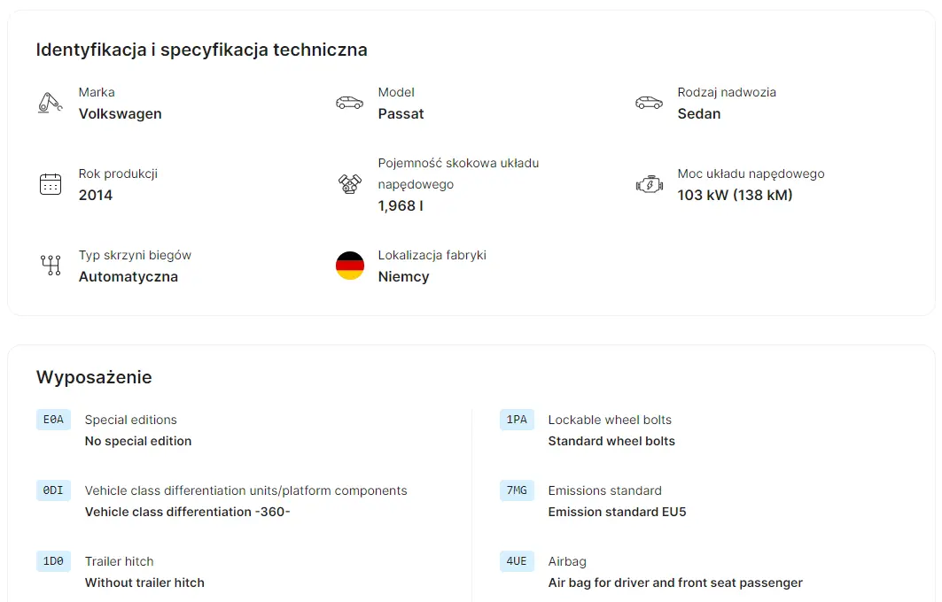 CarVertical equipment and specifications